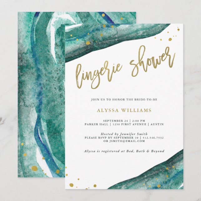 Invitation Aquarelle Turquoise et Gold Geode Lingerie Douche (Devant / Derrière)