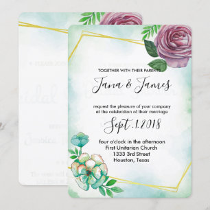 Invitation Aquarelle turquoise et mariage fleuri violet