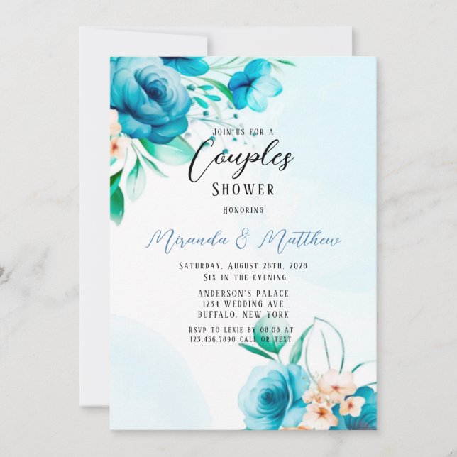 Invitation Aquarelle turquoise et Pêche Florales Couples Douc (Devant)