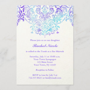 Invitation Aquarelle turquoise et violette Bat mitzvah Damask