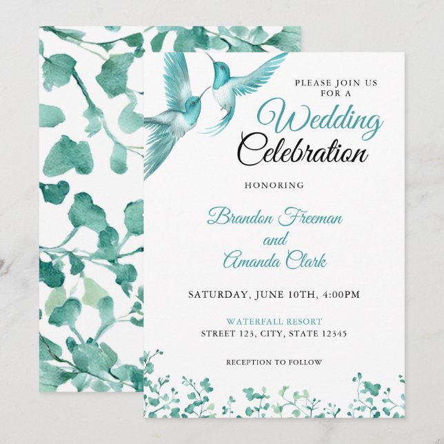 Invitation Aquarelle Turquoise Floral Colibri Mariage (Devant / Derrière)