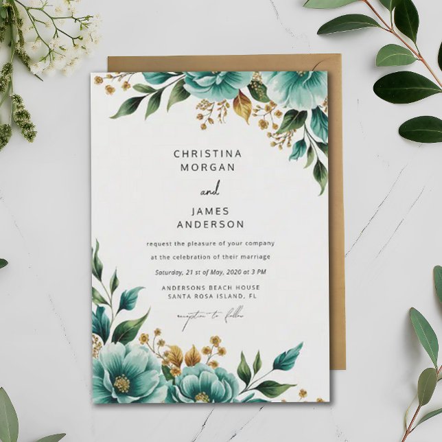 Invitation Aquarelle turquoise Florale Botanique Printemps Ma (Créateur téléchargé)