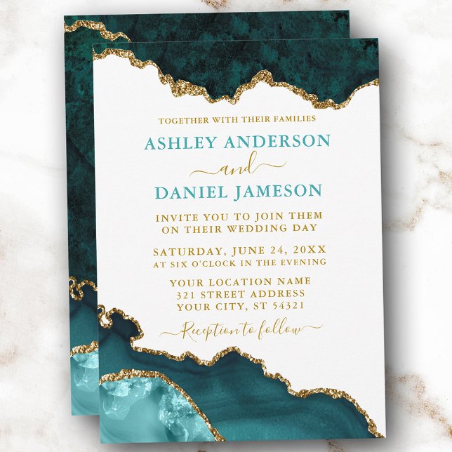 Invitation Aquarelle Turquoise Gold Geode Marbre Mariage (Customize to change text size, color or text style.)