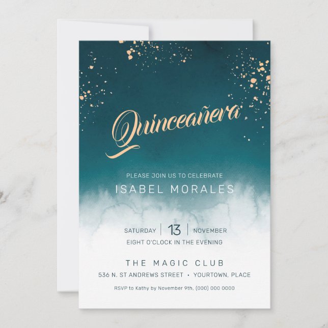 Invitation Aquarelle turquoise Golden Splatter Quinceanera Pa (Devant)