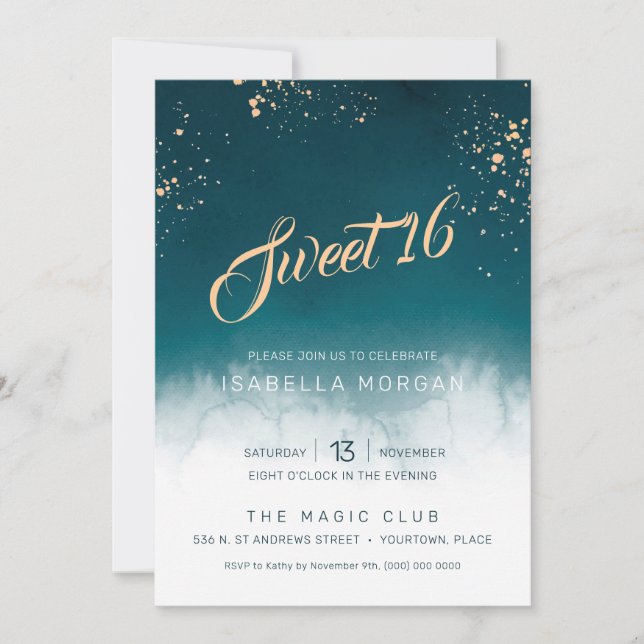 Invitation Aquarelle turquoise Golden Splatter Sweet 16 Party (Devant)