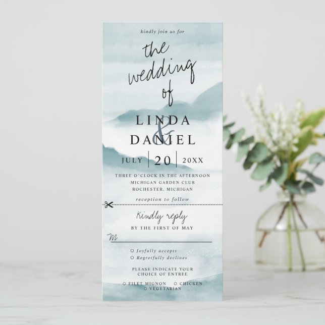 Invitation aquarelle turquoise mariage paysager (Debout devant)