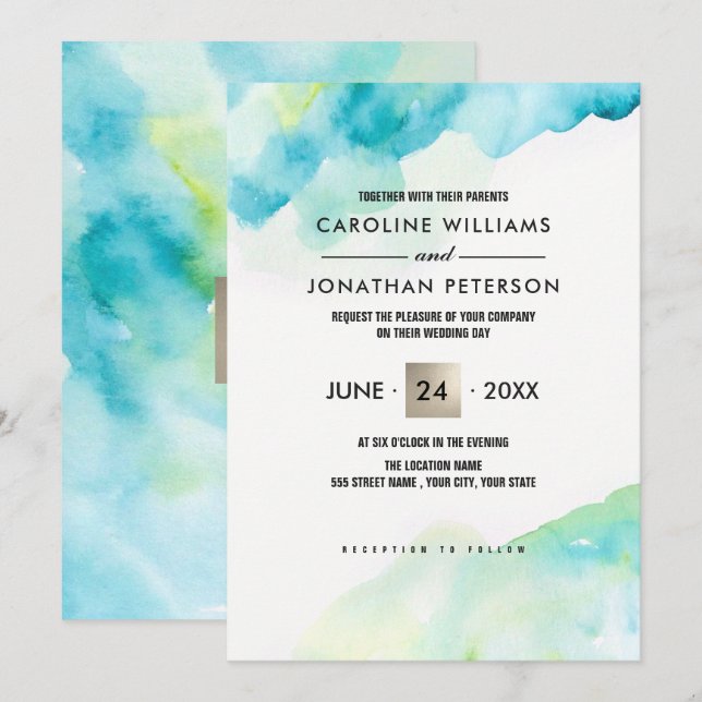 Invitation Aquarelle turquoise moderne (Devant / Derrière)