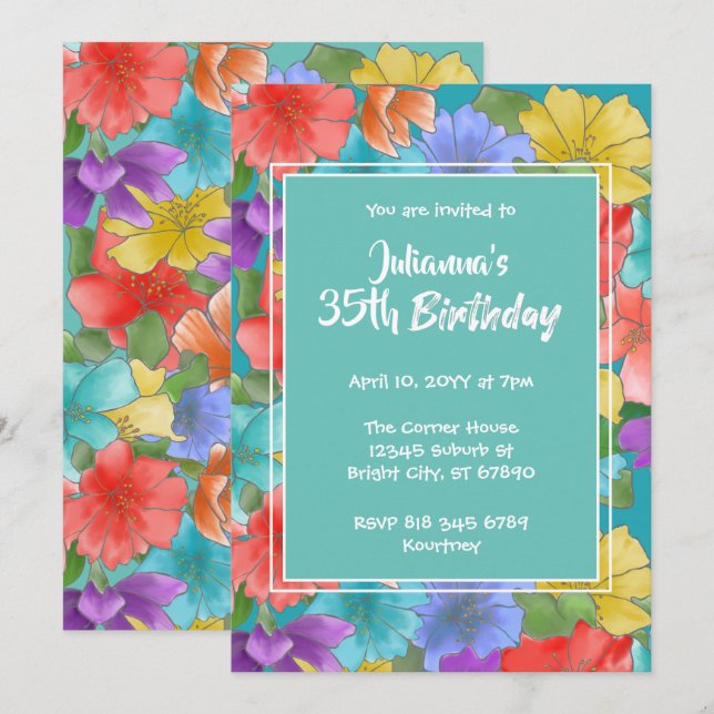Invitation Aquarelle turquoise moderne Flora l25e anniversair (Devant / Derrière)