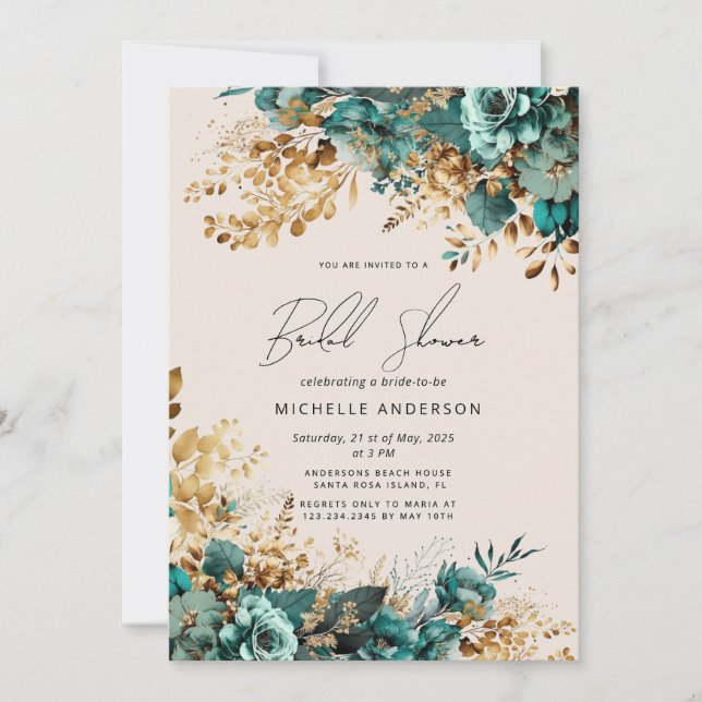 Invitation Aquarelle Turquoise or Fête des mariées florale (Devant)