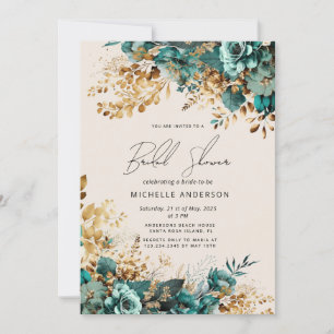 Invitation Aquarelle Turquoise or Fête des mariées florale