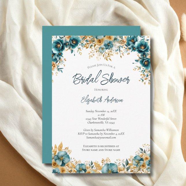 Invitation Aquarelle turquoise or Fête des mariées florale (Teal Gold Watercolor Florals Bridal Shower invitation. Printed or Digital Download)