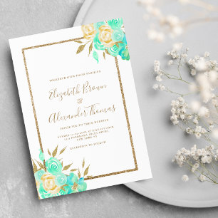 Invitation Aquarelle turquoise or parties scintillant mariage