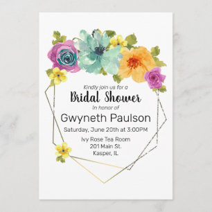 Invitation Aquarelle Turquoise Orange Jaune Rose Floral Or