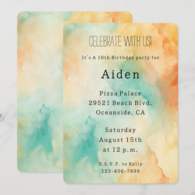 Invitation Aquarelle Turquoise Orange Peach (Devant / Derrière)