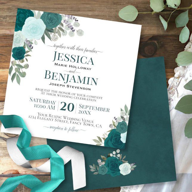 Invitation Aquarelle turquoise ou turquoise Roses Mariage élé (Créateur téléchargé)