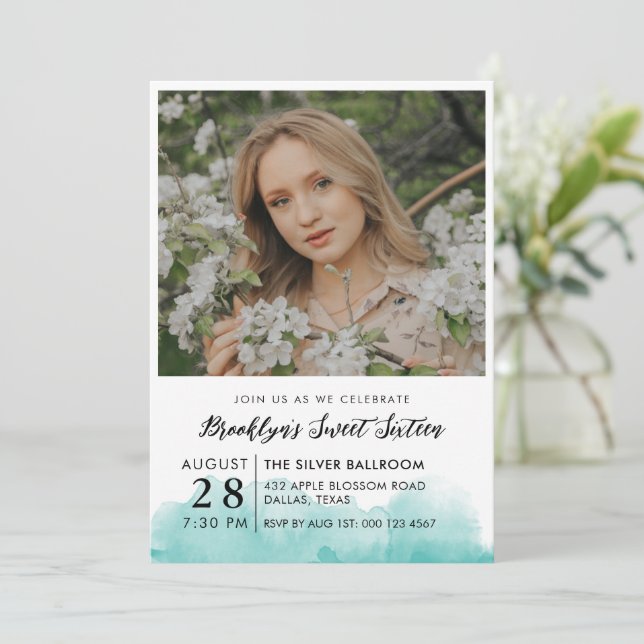 Invitation Aquarelle turquoise Photo Sweet 16 (Debout devant)