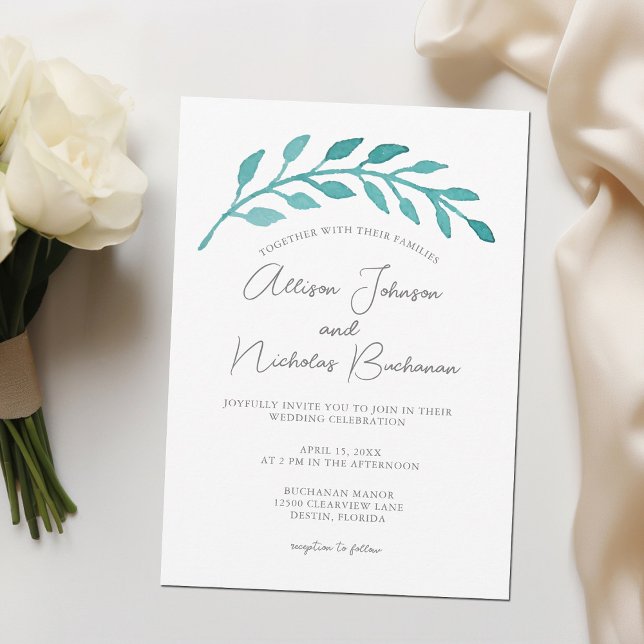 Invitation Aquarelle Turquoise simple Mariage de vigne botani (Créateur téléchargé)