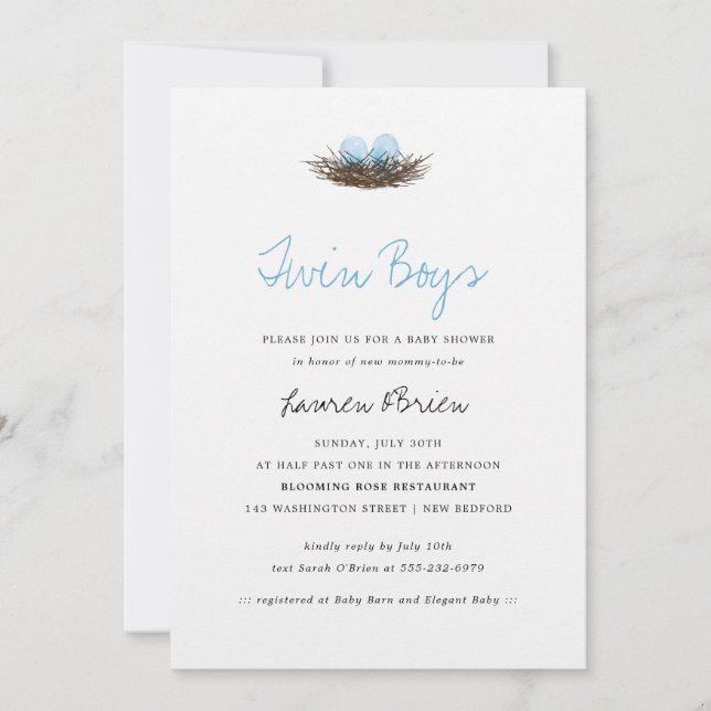 Invitation Aquarelle Twin Boys Baby shower de nid d'oiseaux (Devant)