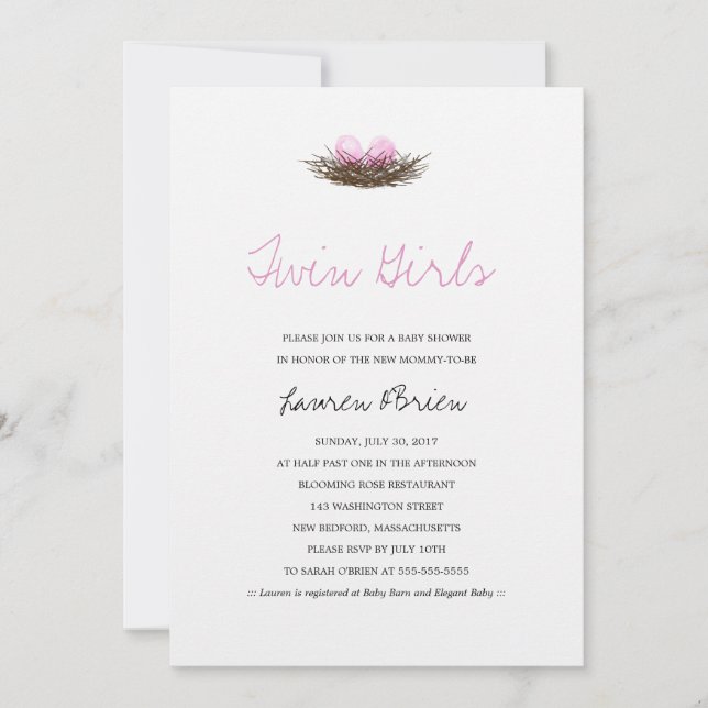 Invitation Aquarelle Twin Girls Baby shower de nid d'oiseaux (Devant)