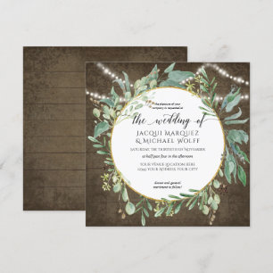 Invitation Aquarelle Twinkle Lights Rustic Wood Eucalyptus