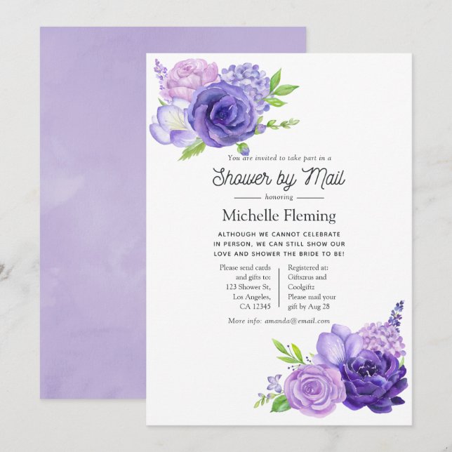 Invitation Aquarelle ultra violet Baby shower floral par cour (Devant / Derrière)