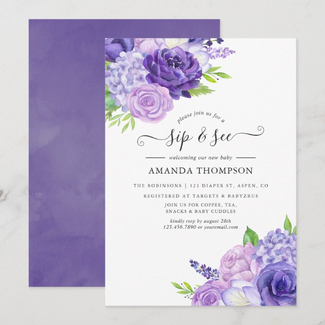Invitation Aquarelle ultra violet fleur Sip et voir Invitat (Devant / Derrière)