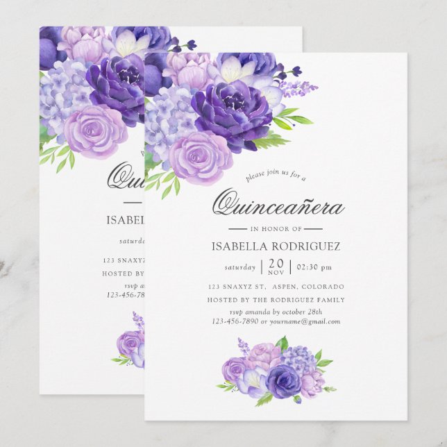 Invitation Aquarelle Ultra Violet Floral Quinceañera Invitat (Devant / Derrière)
