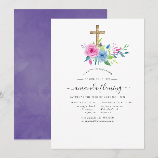 Invitation Aquarelle ultra violette Confirmation de la florai (Devant / Derrière)
