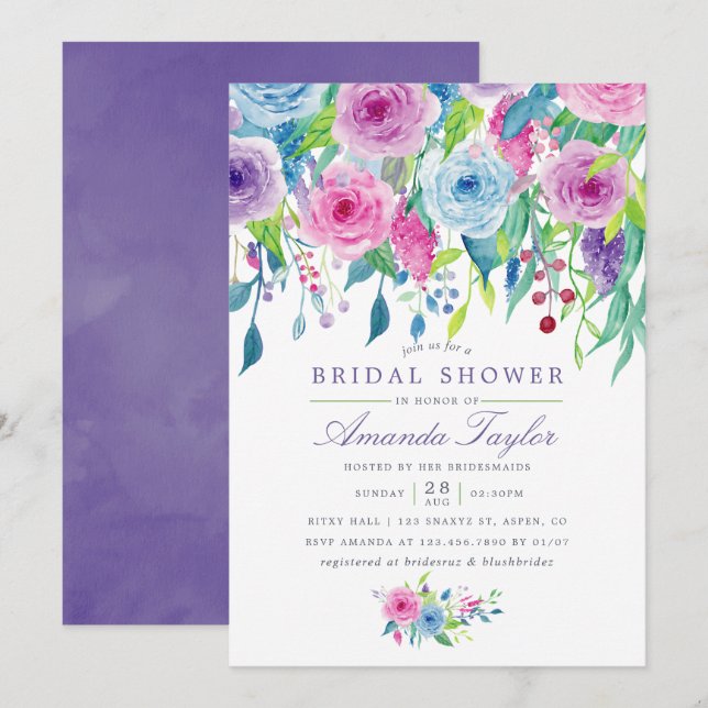 Invitation Aquarelle ultra violette Fête des mariées florale (Devant / Derrière)