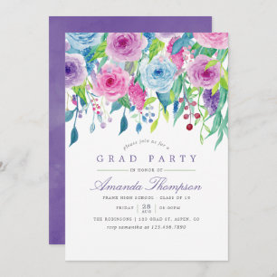 Invitation Aquarelle ultra violette Floral Graduation Party
