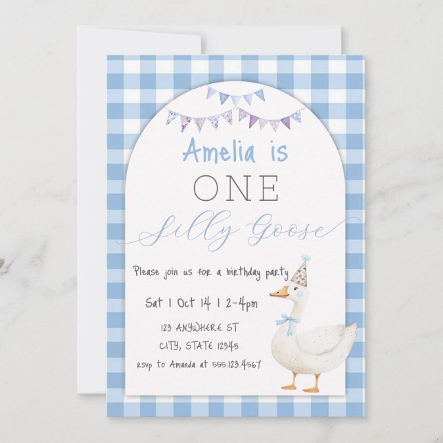 Invitation Aquarelle Une oie soie En vichy 1er anniversaire (Devant)