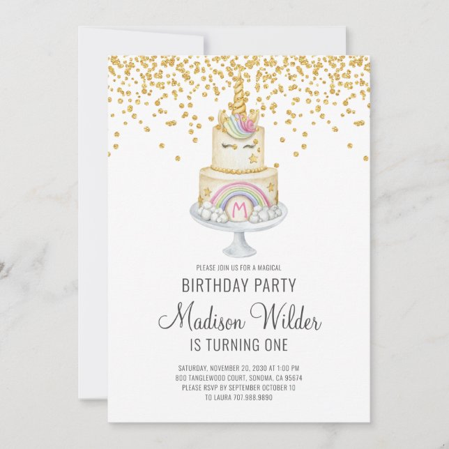 Invitation Aquarelle Unicorn fille Parties scintillant premie (Devant)