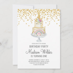 Invitation Aquarelle Unicorn fille Parties scintillant premie