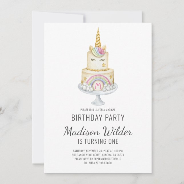 Invitation Aquarelle Unicorn fille premier anniversaire (Devant)
