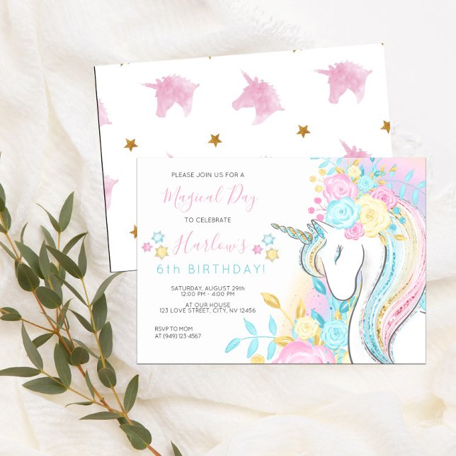 Invitation Aquarelle Unicorn Jour magique Fille Anniversaire (Créateur téléchargé)