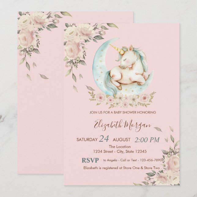 Invitation Aquarelle Unicorn Lune Baby shower floral (Devant / Derrière)
