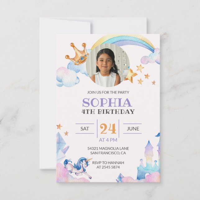Invitation Aquarelle Unicorn Photo personnalisée Anniversaire (Devant)