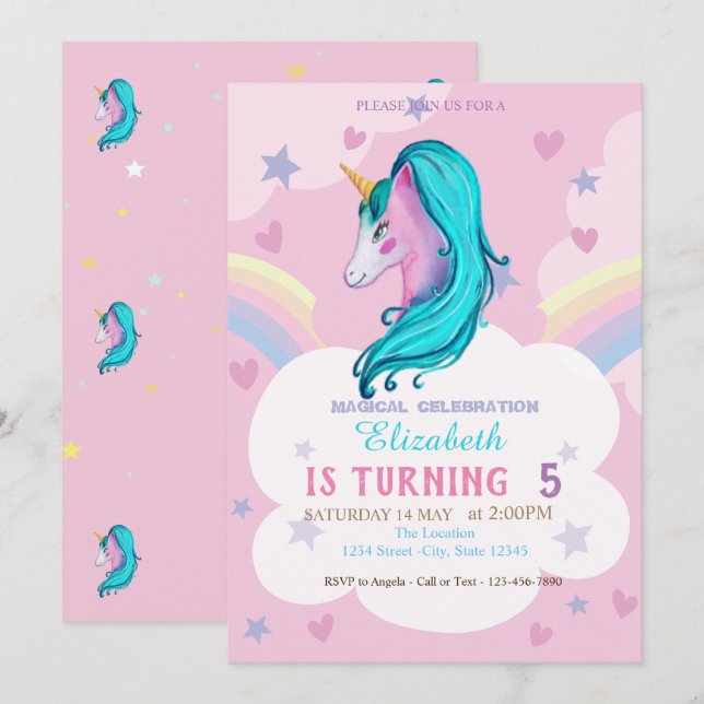 Invitation Aquarelle Unicorne Rainbow Stars Coeurs Anniversai (Devant / Derrière)