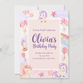 Invitation Aquarelle Unicornes arc-en-ciel Ballons rose Anniv
