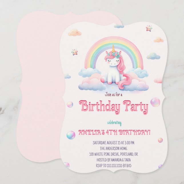 Invitation Aquarelle Unicornes Magique Arc-en-ciel fête d'ann (Devant / Derrière)