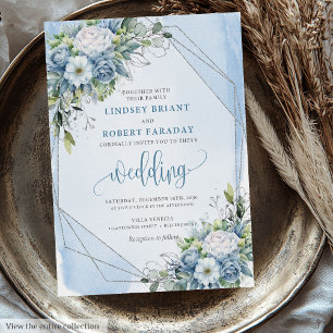Invitation Aquarelle unique Dusty Bleu Blanc Argent Floral
