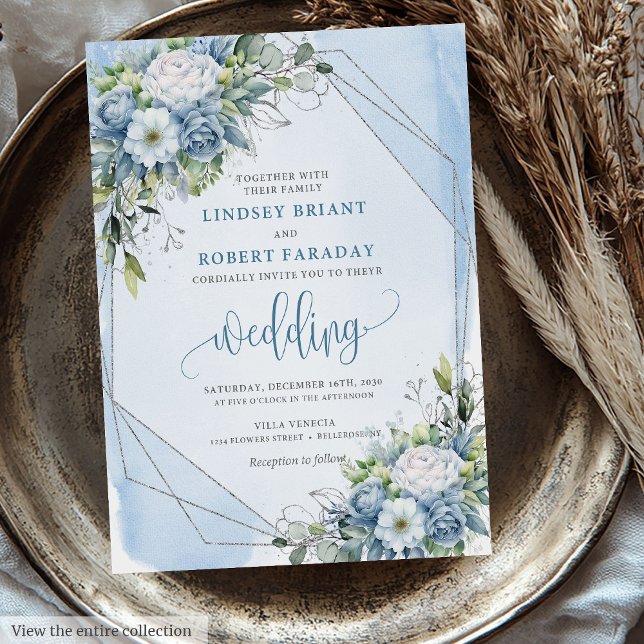 Invitation Aquarelle unique Dusty Bleu Blanc Argent Floral (Unique Watercolor Dusty Blue White Silver Floral Invitation )