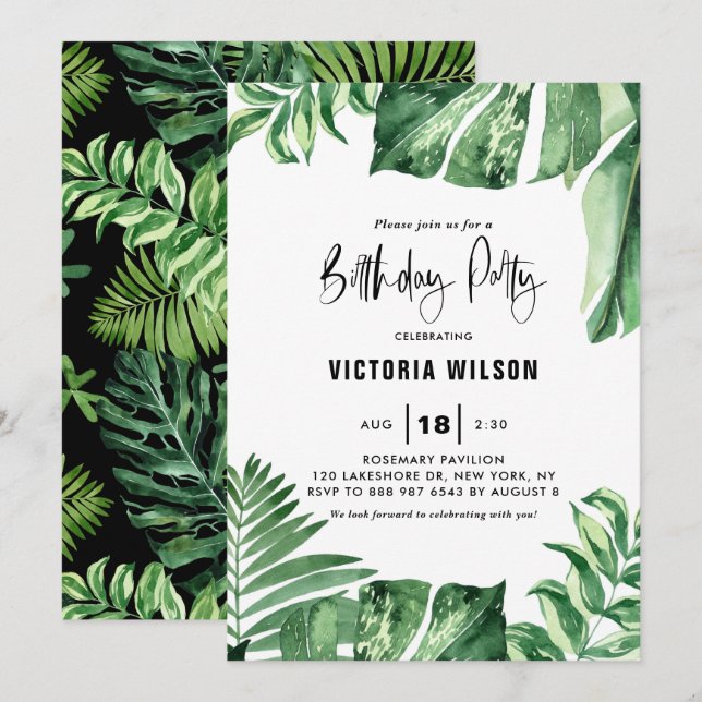 Invitation Aquarelle Variée Feuille été fête d'anniversaire (Devant / Derrière)