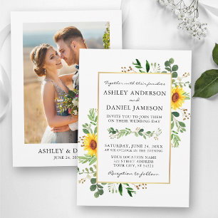 Invitation Aquarelle Végétation Tournesols Or Photo Mariage