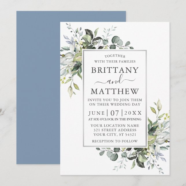 Invitation Aquarelle Verdure Argent Frame Dusty Blue (Devant / Derrière)