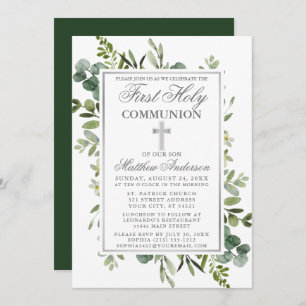 Invitation Aquarelle Verdure Argent Première communion