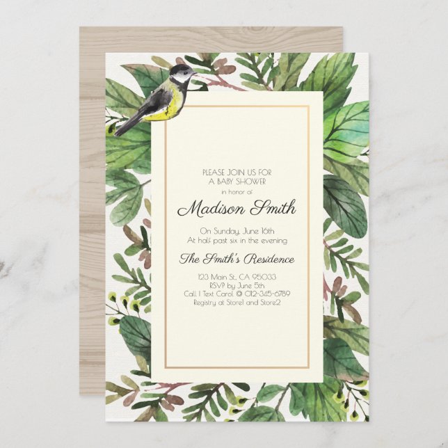 Invitation Aquarelle Verdure Baby shower des oiseaux de Woods (Devant / Derrière)