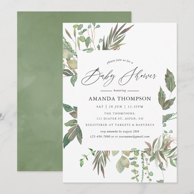 Invitation Aquarelle Verdure Baby shower géométrique (Devant / Derrière)