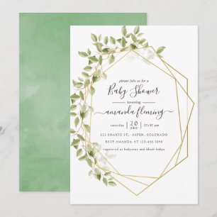 Invitation Aquarelle Verdure Baby shower géométrique