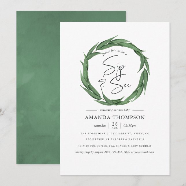 Invitation Aquarelle Verdure Baby Sip and See (Devant / Derrière)
